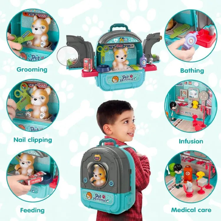 Pet Hospital Backpack With Doggy Figure & Accessories Playset - Blue