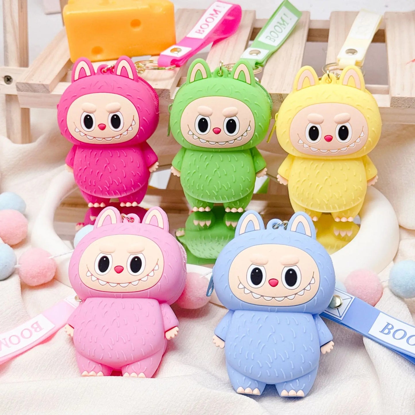 Labubu Purse Pouch Bag Keychain Keyring Coin Pouch 3D Soft Touch Silicone Pendant - Blue