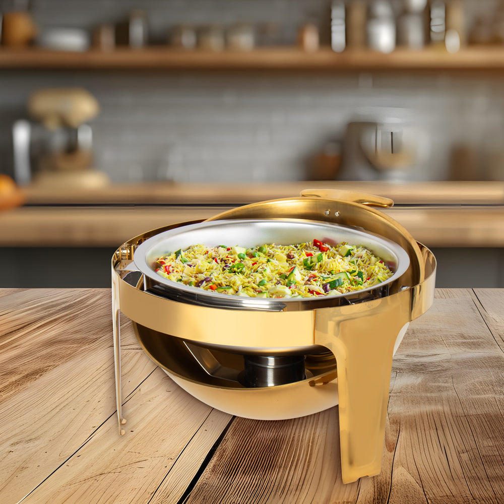 Sq Professional Banquet Chafing Dish With Roll Top And Window Round Gold 6.5L