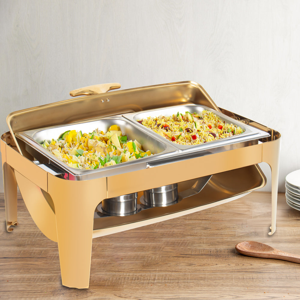 Sq Professional Banquet Chafing Dish With Roll Top And Window Double Compartment Oblong Gold 9L