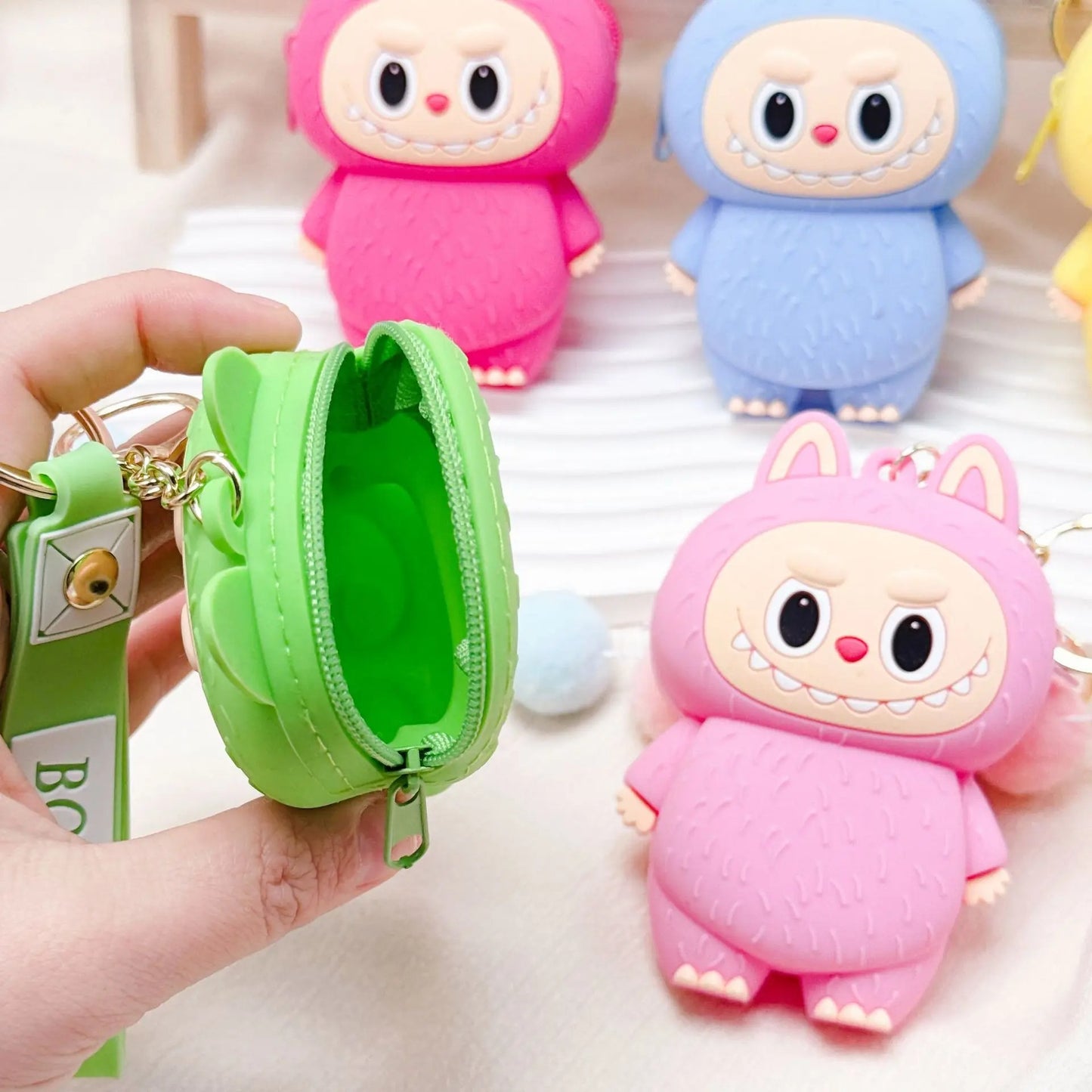 Labubu Purse Pouch Bag Keychain Keyring Coin Pouch 3D Soft Touch Silicone Pendant - Blue