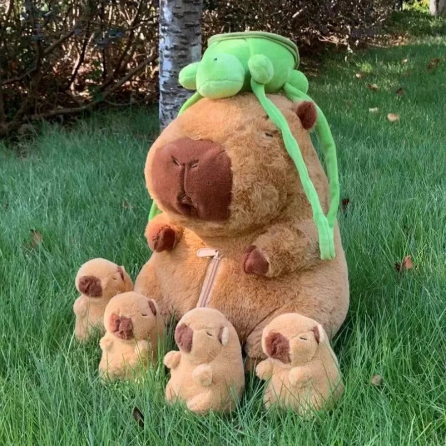 Capybara Complete Family Plush Stuffed Soft Toy Family Set of 5 with Zip Pouch Storage & Turtle Backpack Toy - VIRAL Jellycat Style
