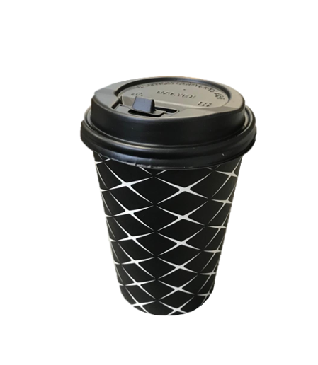 Black Paper Cup with Lid Printed Design 12oz Pack of 6 Assorted Designs 2206