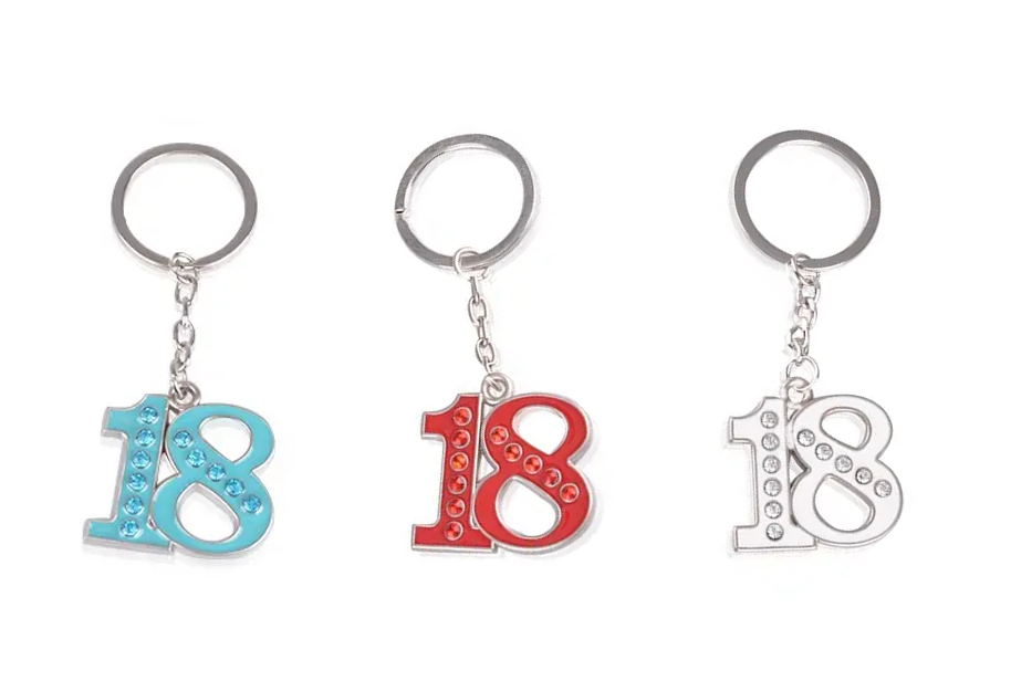 Metal Football Shoe / Number '18' 3.5 cm Keyring Keychains Assorted Colours 2518