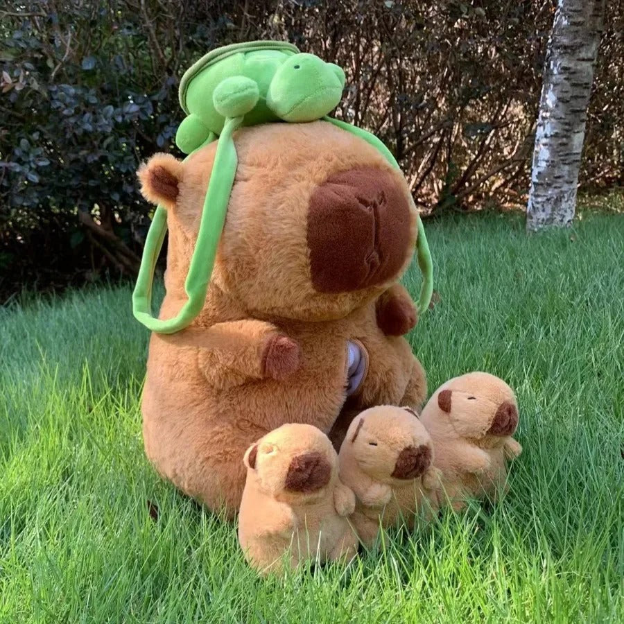 Capybara Complete Family Plush Stuffed Soft Toy Family Set of 5 with Zip Pouch Storage & Turtle Backpack Toy - VIRAL Jellycat Style