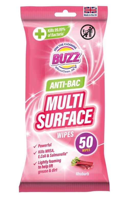Buzz Multi Surface Antibacterial Wipes 50 Pack Rhubarb 321593