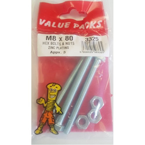 Value Pack M8 x 80 He x Bolts & Nuts Zinc Plating Pack Of 3
