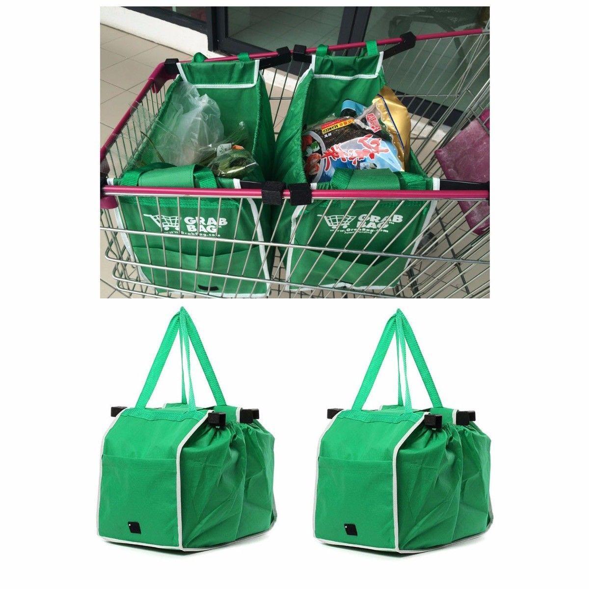2x Supermarket Shopping Trolley Foldable Reusable Grocery Grab Clips Bag 3875