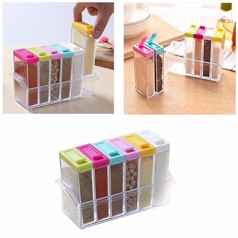 Plastic Acrylic Spice Rack Storage Container Jars Set of 6 4476