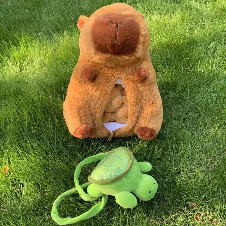 Capybara Complete Family Plush Stuffed Soft Toy Family Set of 5 with Zip Pouch Storage & Turtle Backpack Toy - VIRAL Jellycat Style