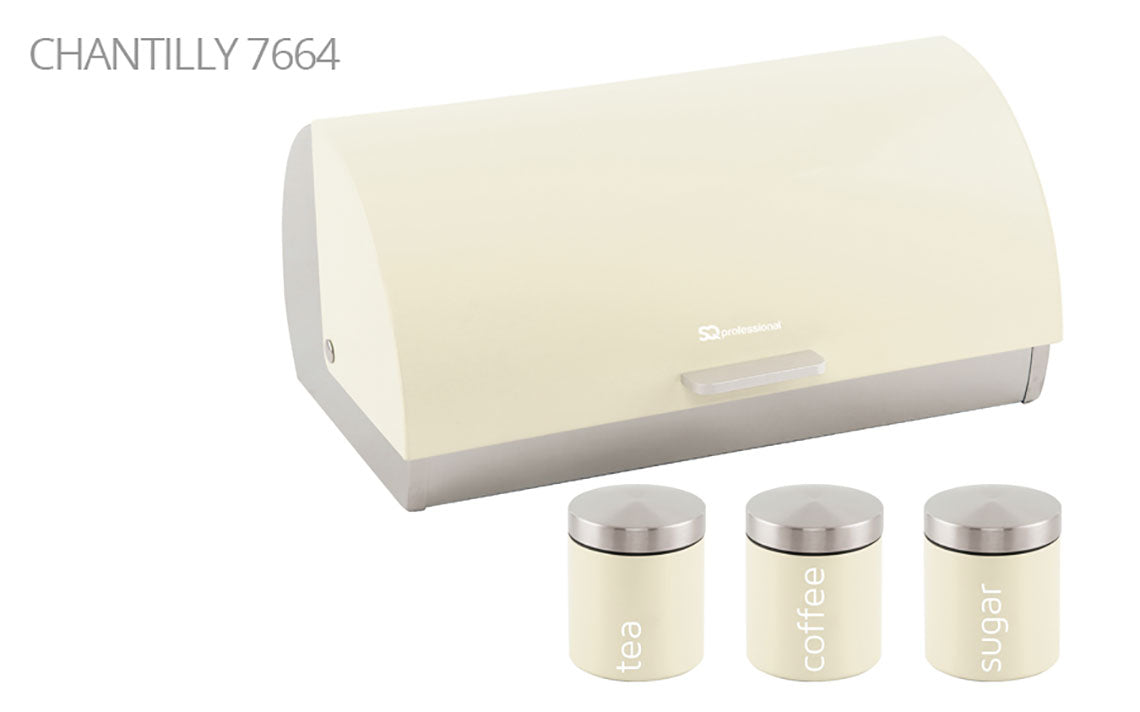 SQ Professional Dainty Metal Bread Bin with 3 Canisters Chantilly Cream 7664