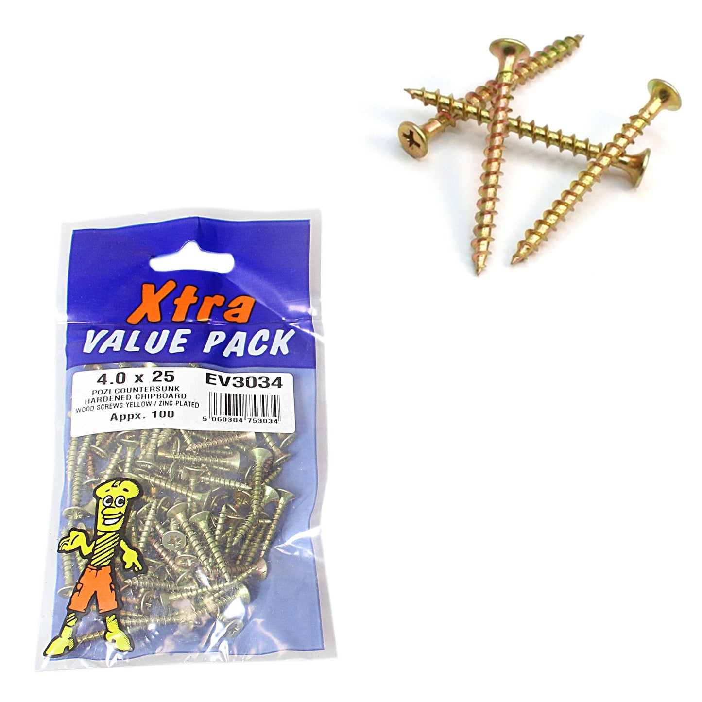 4.0 x 25 Pozi c/sk Chipboard Screws Yellow Diy Xtra Value 3034