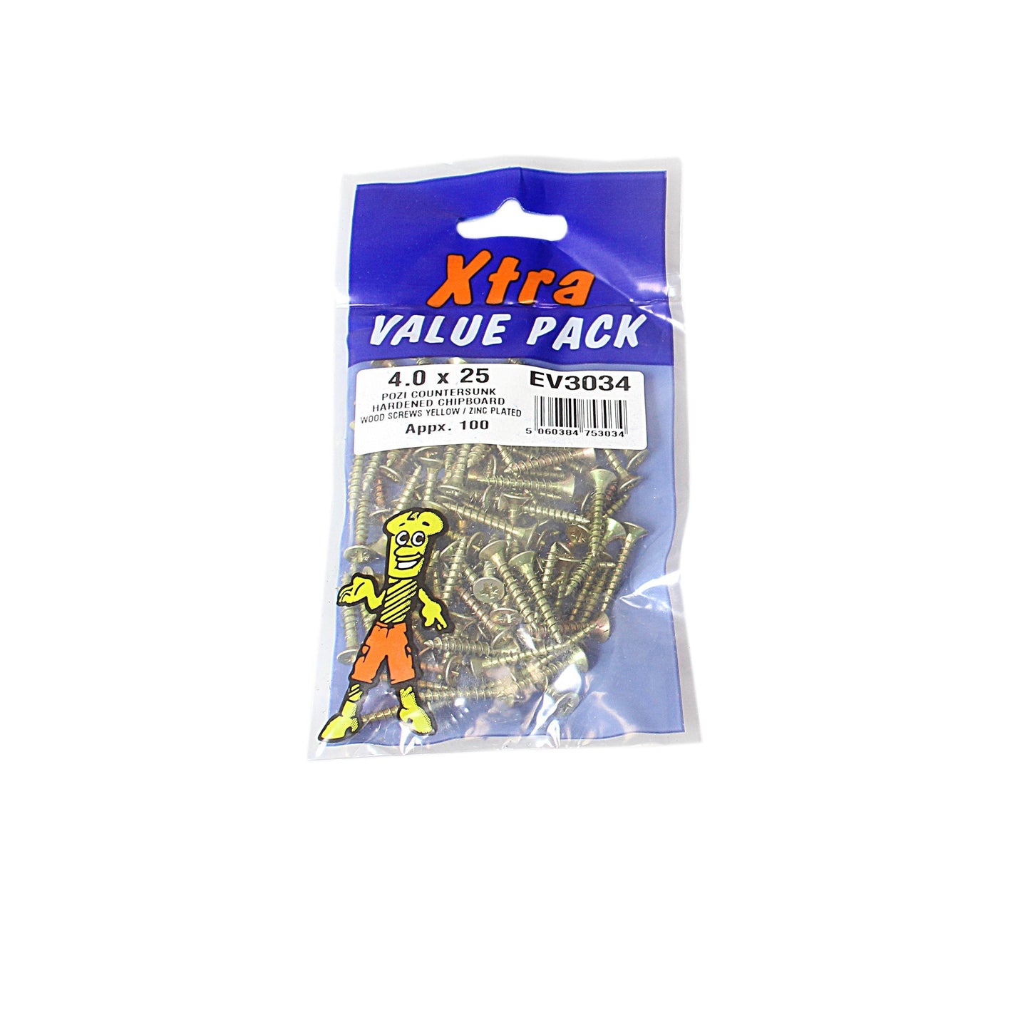 4.0 x 25 Pozi c/sk Chipboard Screws Yellow Diy Xtra Value 3034