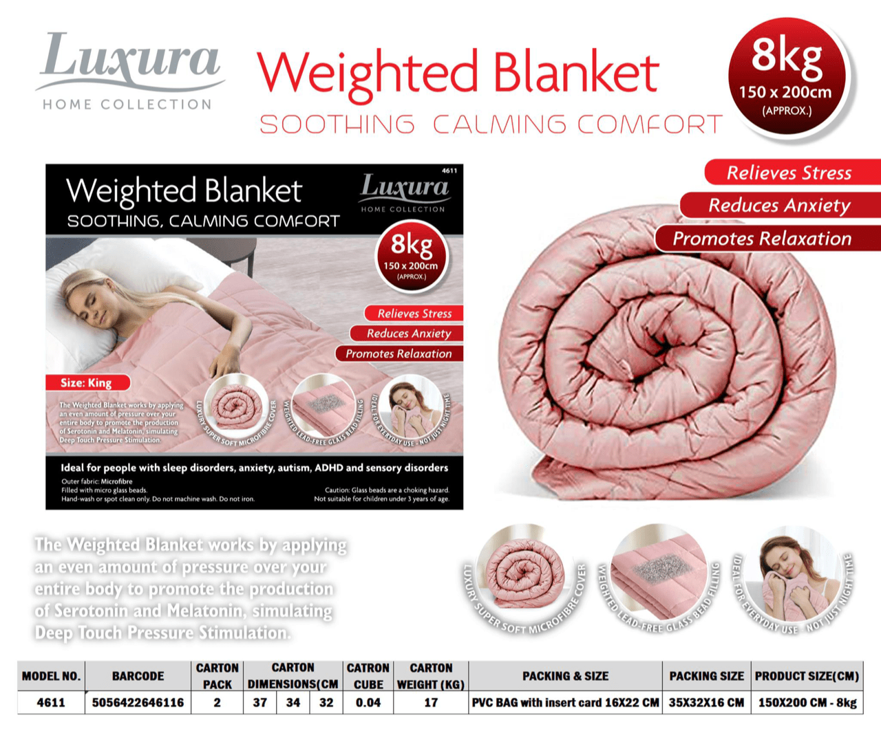 Weighted Blanket 150cm x 200cm 8kg Pink 4611