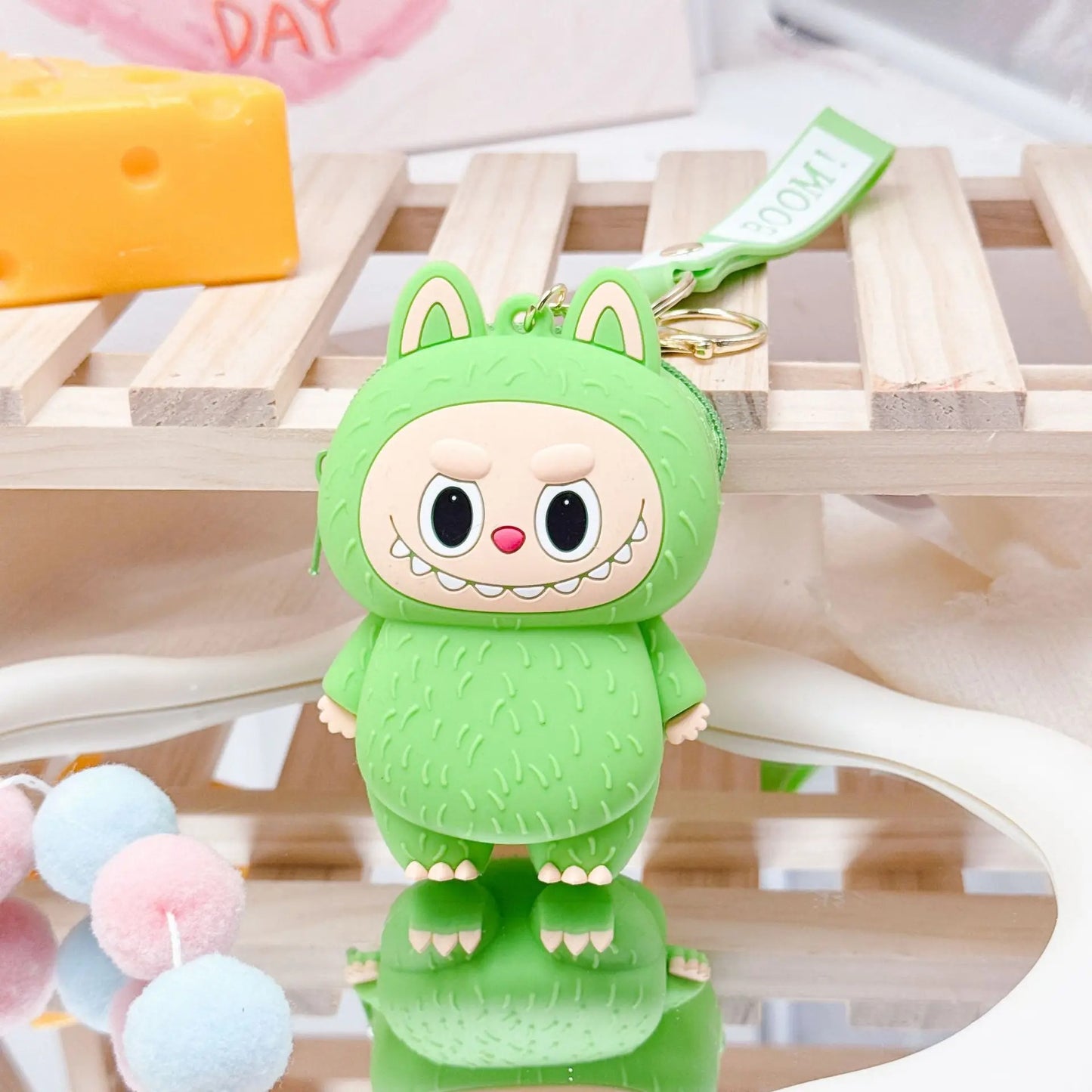 Labubu Purse Pouch Bag Keychain Keyring Coin Pouch 3D Soft Touch Silicone Pendant - Green