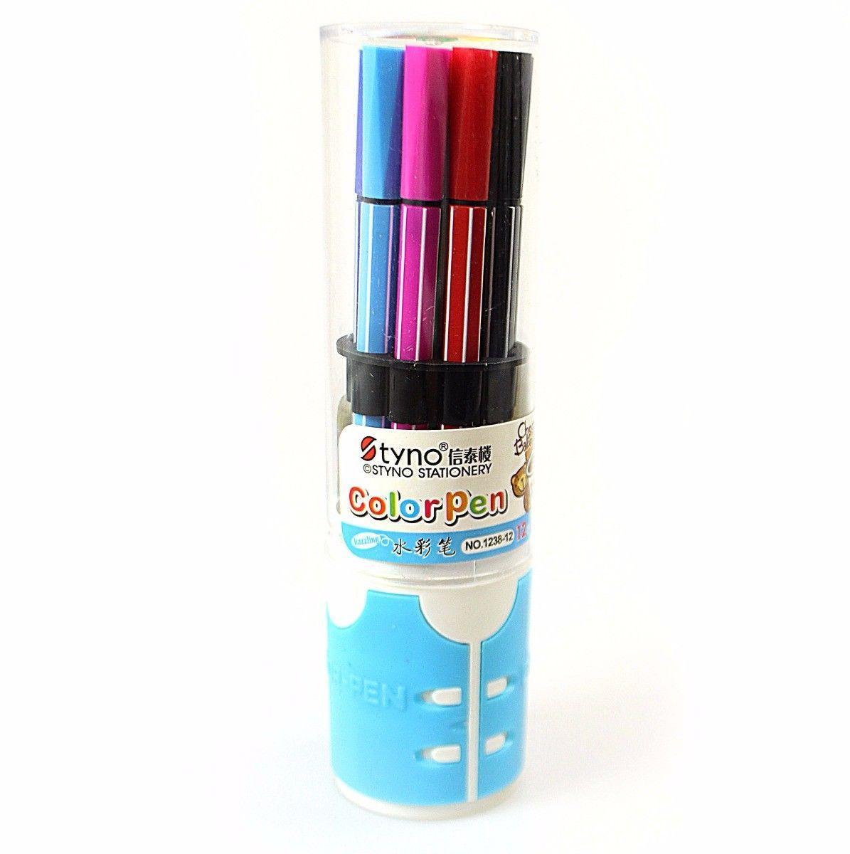 12 Pack Colouring Marker Pens in Holder Case Assorted Colours 0762