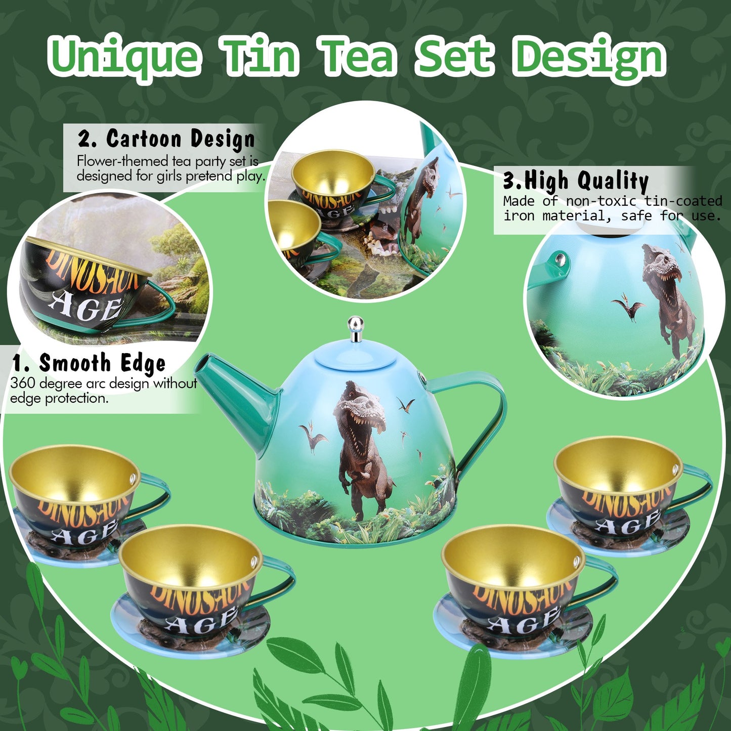 Dinosaur Age Themed Metal Boutique Tea Set - 15 Pieces