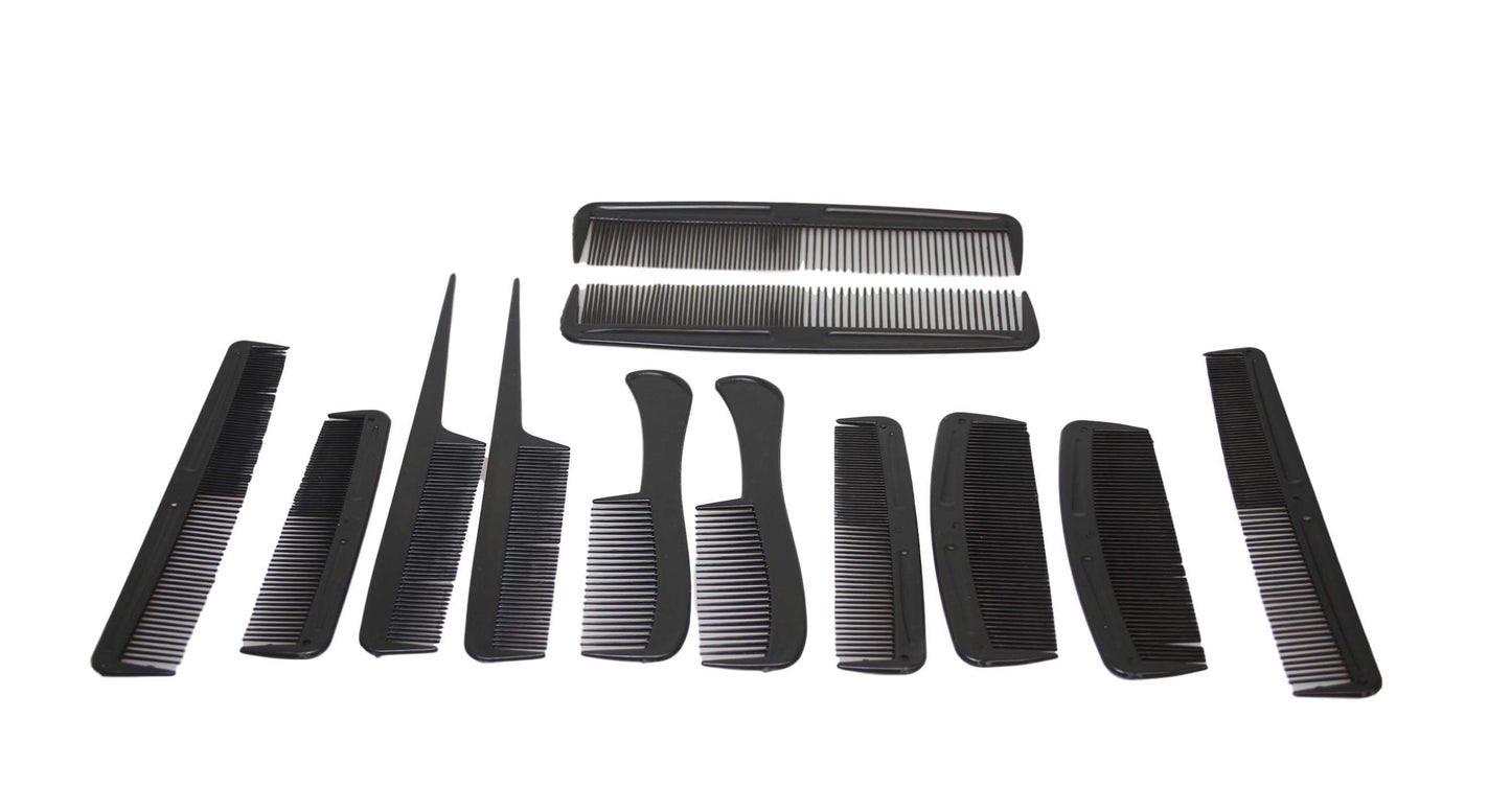 Black Plastic Hairdresser Barber Salon Comb Set of 12 Assorted Combs 6017