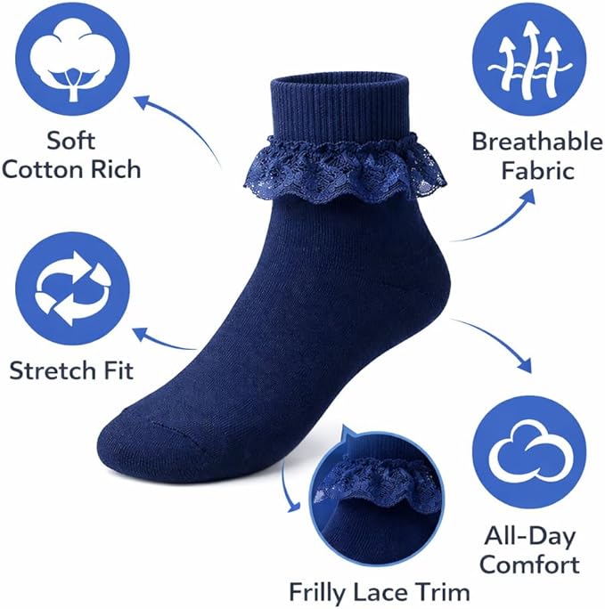 Girls Back To School 3 Pack of Frill Lace Socks - 3 Colours