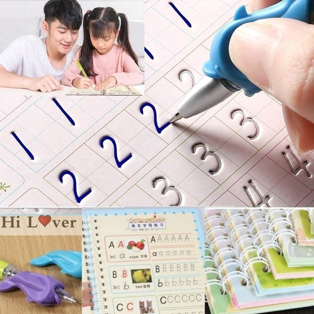 Educational Practice Copybooks including Pen, 10 Refills, Grip and 4 Pack of Books - Numbers, Drawing, Alphabet, Maths