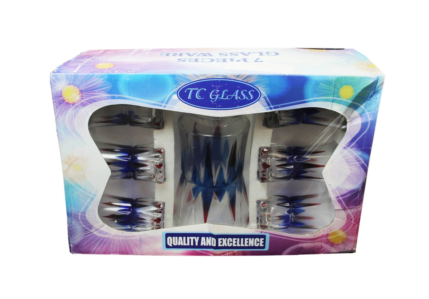 7 Piece Glassware Set Water Jug and 6 glasses Tumblers Coloured Effect Juice Jug 6335