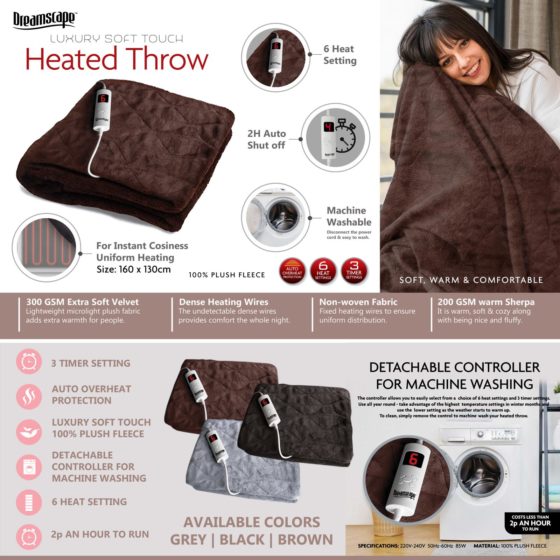 Luxury Soft Touch Electric Heated Throw Blanket 160 x 130 cm 6504