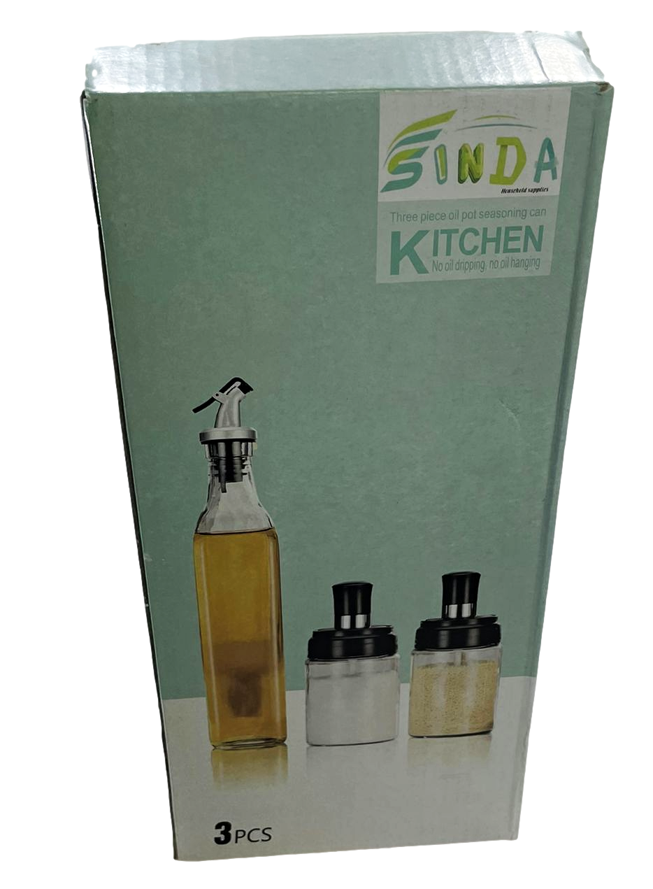 3 Piece Set Oil Bottle And Seasoning Jars Glass Kitchen Home 6663