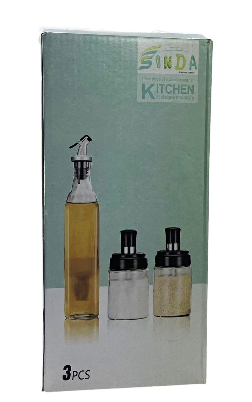 3 Piece Set Oil Bottle And Seasoning Jars Glass Kitchen Home 6663
