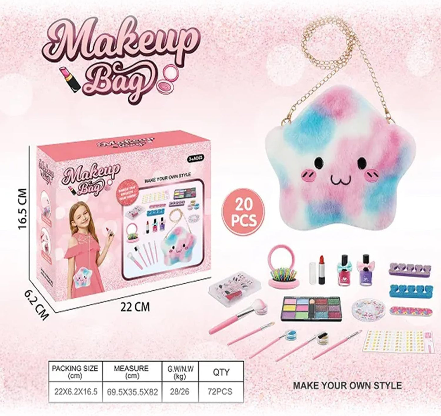 Girls 20 Piece Pretend Play Make Up Set with Fluffy Star Carry Bag Case