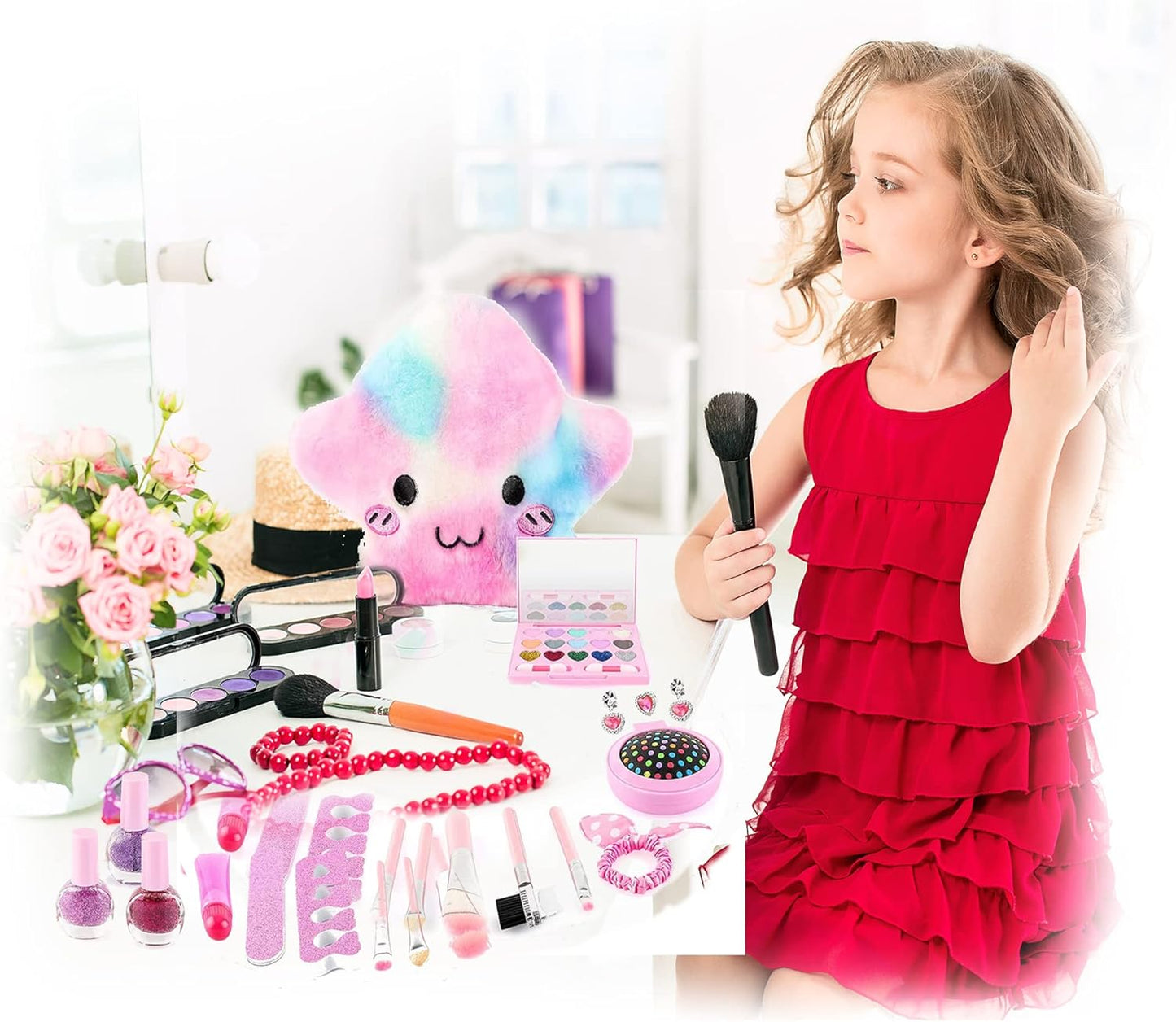 Girls 20 Piece Pretend Play Make Up Set with Fluffy Star Carry Bag Case