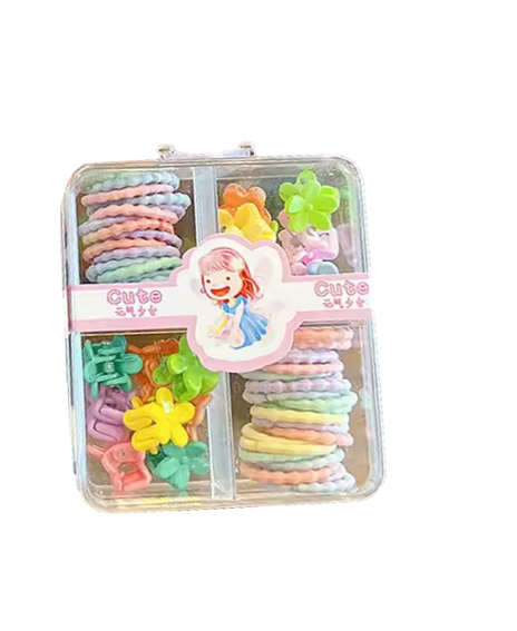 Mini Box Of 3 Assorted Flower / Rabbit Hair Accessories Clips And Elastic Bands 1.5 - 2 Cm Assorted Colours