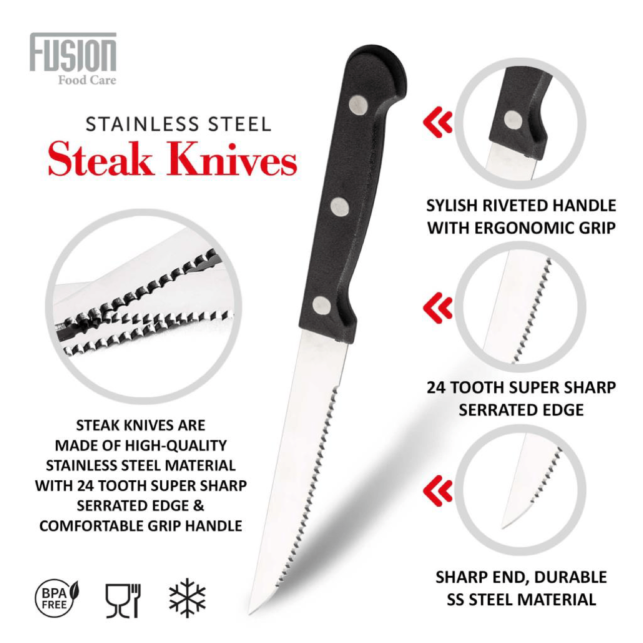 Stainless Steel Serrated Edge Steak Knives Pack of 6 7345