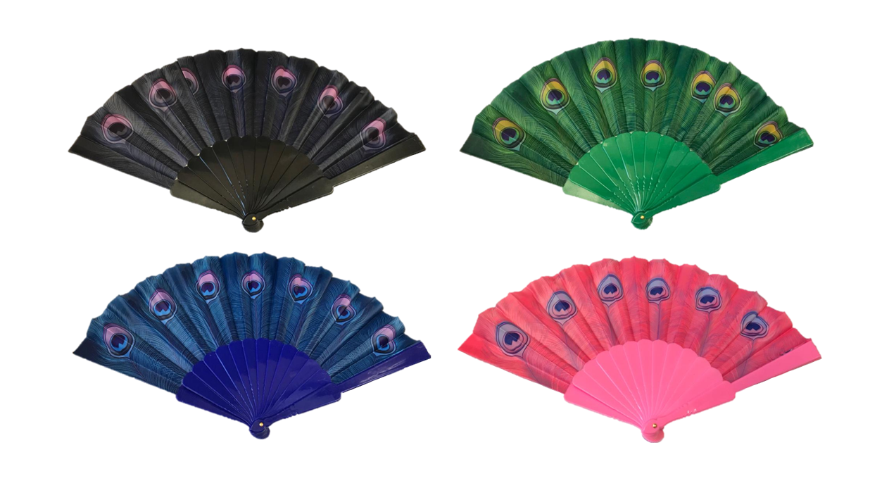 Plastic Chinese Folding Hand Fan Printed Peacock Feather Design 23 x 38 cm Assorted Colours 7348
