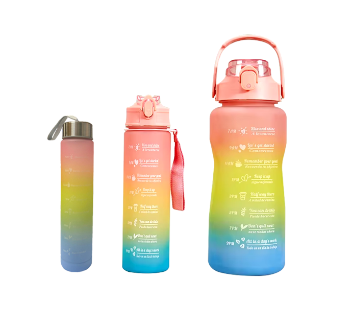 Plastic Water Drinking Bottle with Ombre Design 2000 / 900 / 300ml Set of 3 Assorted Colours 7359 A