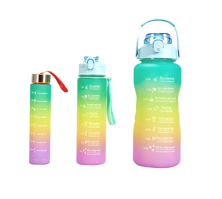 Plastic Water Drinking Bottle with Ombre Design 2000 / 900 / 300ml Set of 3 Assorted Colours 7359 A