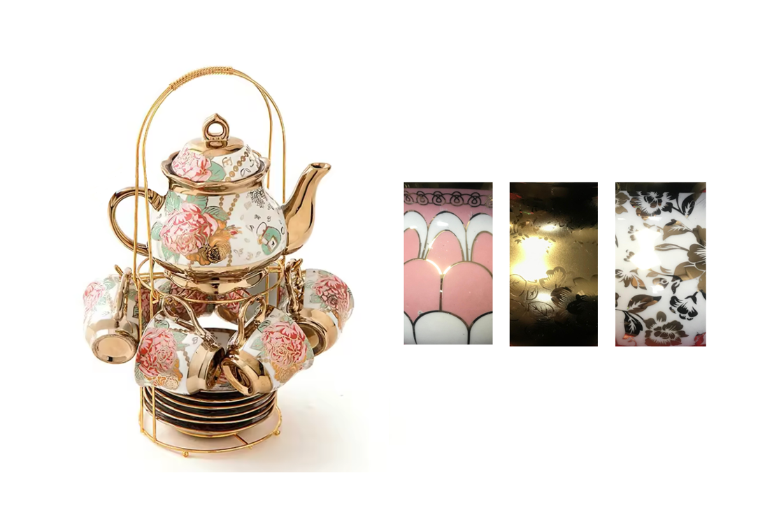 Teapot and Tea Cup Set with Saucers and Stand Set of 13 Assorted Designs 7517