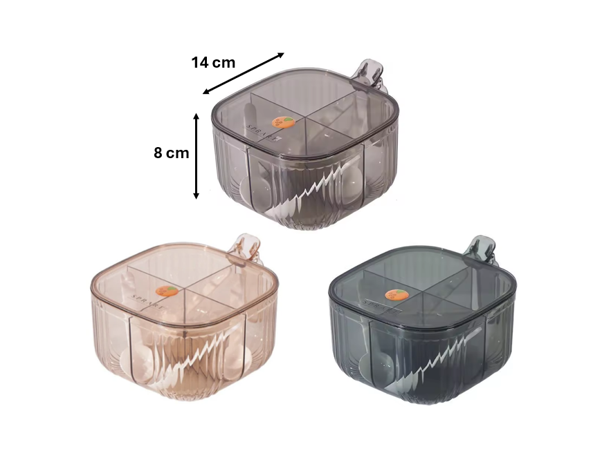 Plastic Transparent 4 Compartment Seasoning Spice Storage Container with Handle and Spoons 14 x 14 x 8 cm Assorted Colours 7614