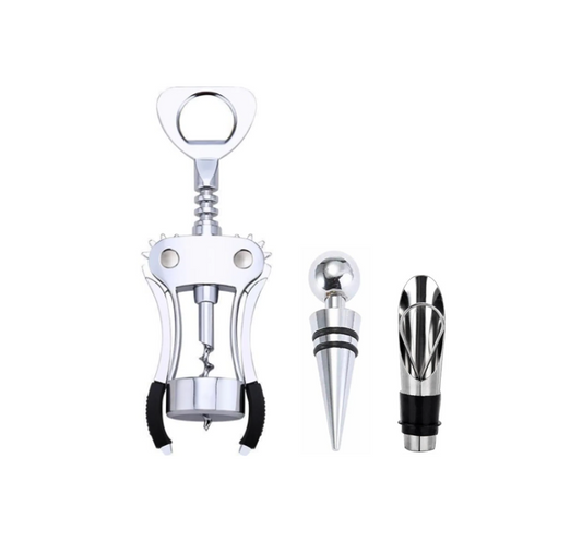 Metal Wing Corkscrew Wine Bottle Opener Set with Stopper and Wine Pourer 18 cm 7635
