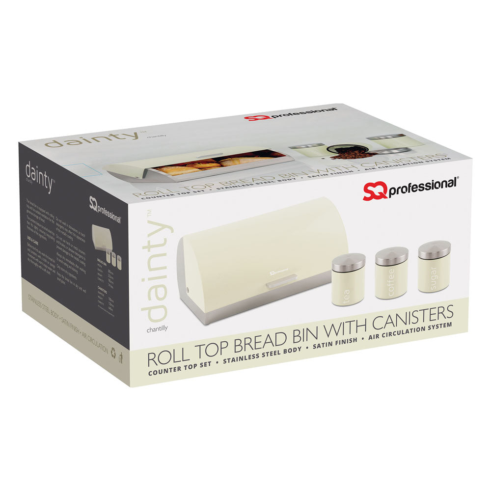 Sq Professional Dainty Metal Bread Bin With 3 Canisters Chantilly Cream