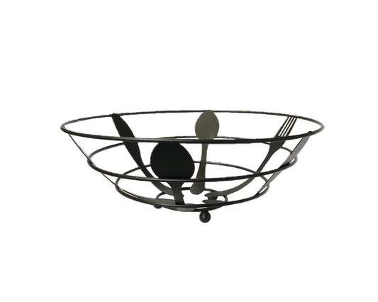 Round Metal Fruit Bowl Basket with Cutlery Design 27 x 10 cm Black 7700