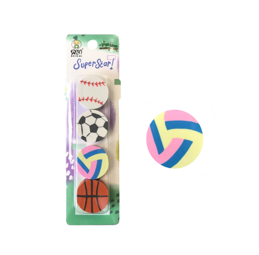 Round Erasers Rubbers Sports Ball Design 3 x 1 cm Pack of 4 Assorted Designs 7733