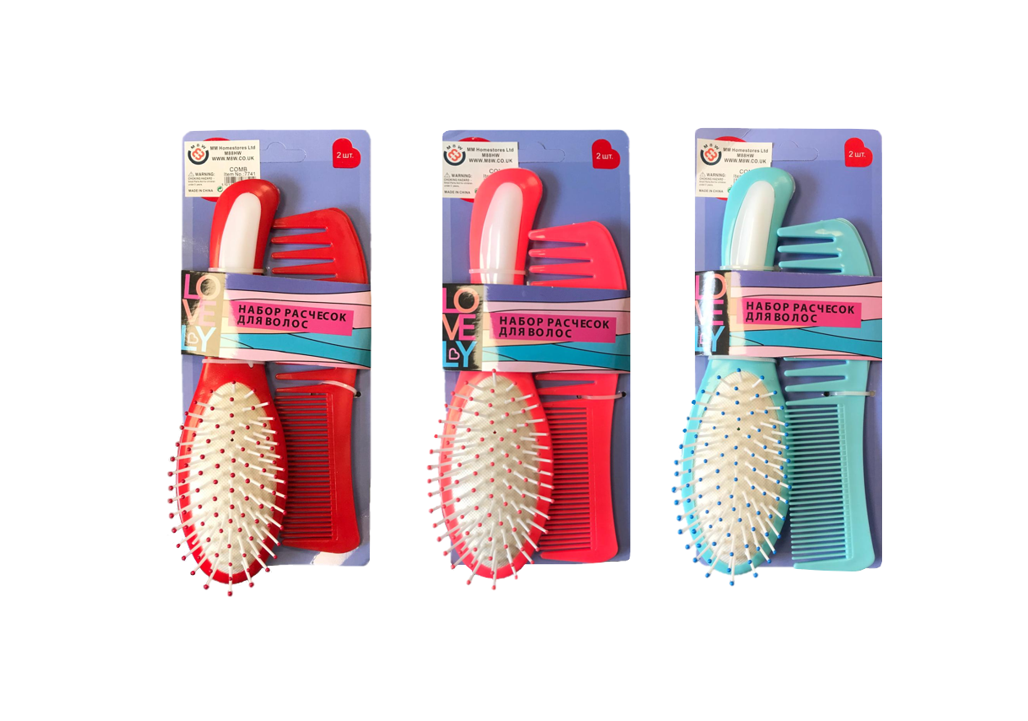 Plastic Hairbrush and Comb Set of 2 Assorted Colours 7741