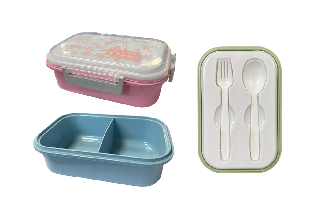 Plastic 2 Compartment Lunch Box with Cutlery 21 x 14 x 6 cm Assorted Colours 7783