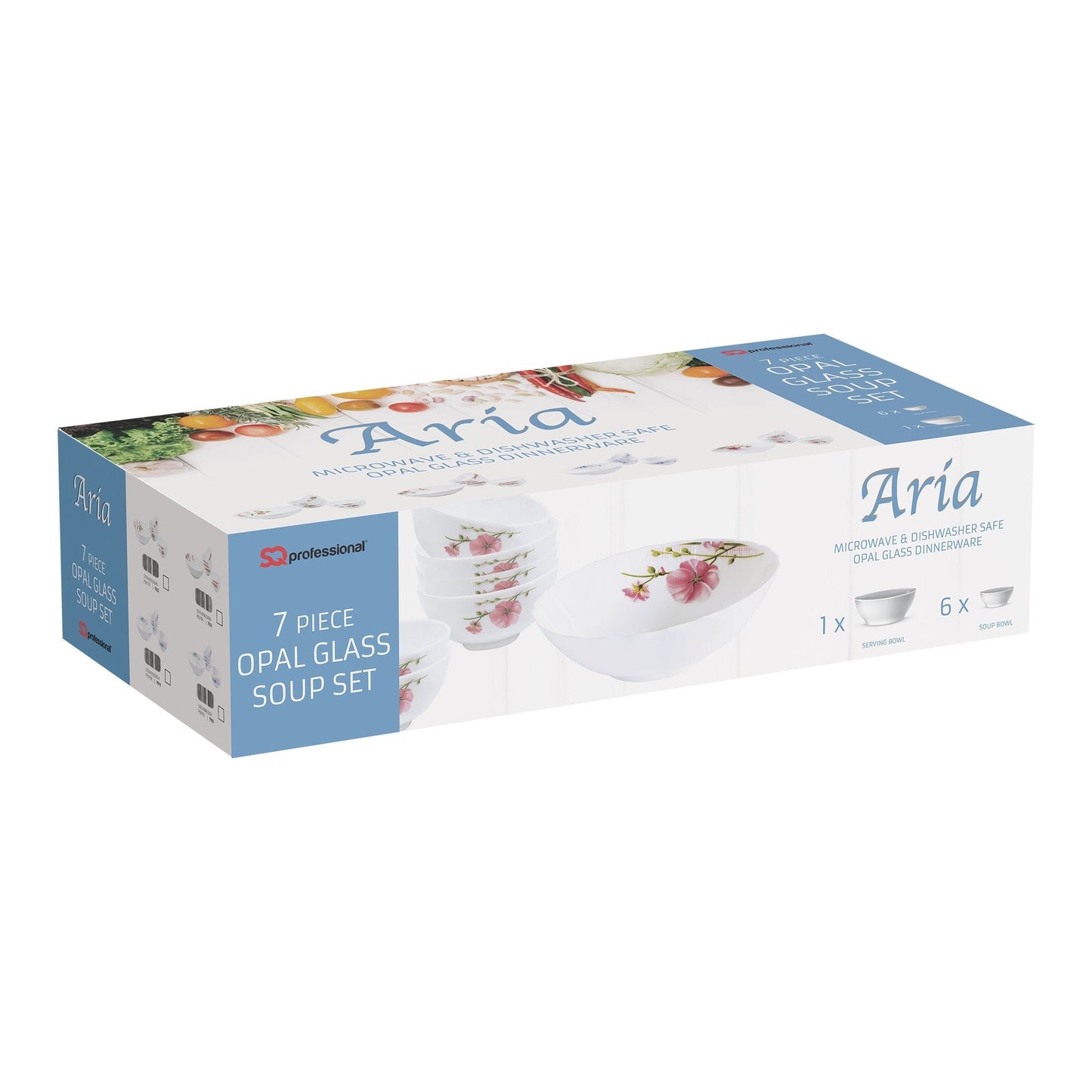 Aria Opal Glass Soup Set of 7 Blue Floral 7919