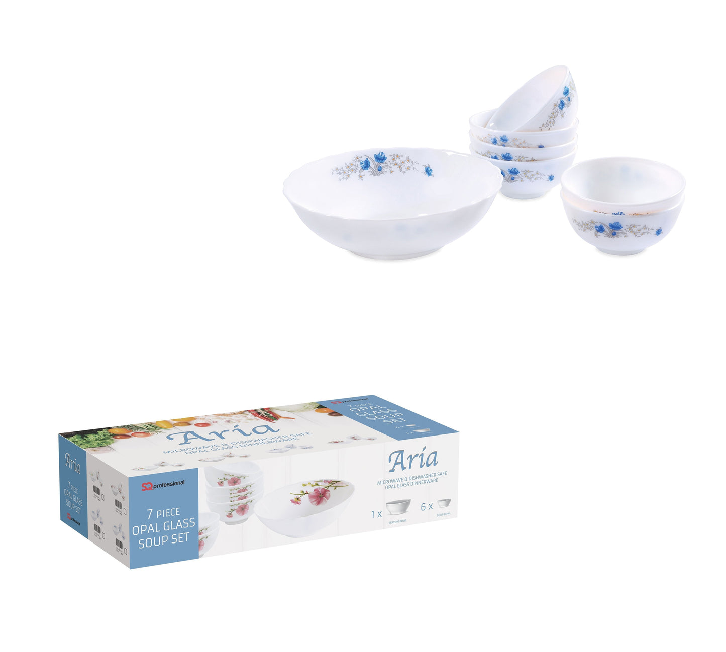 Aria Opal Glass Soup Set of 7 Blue Floral 7919