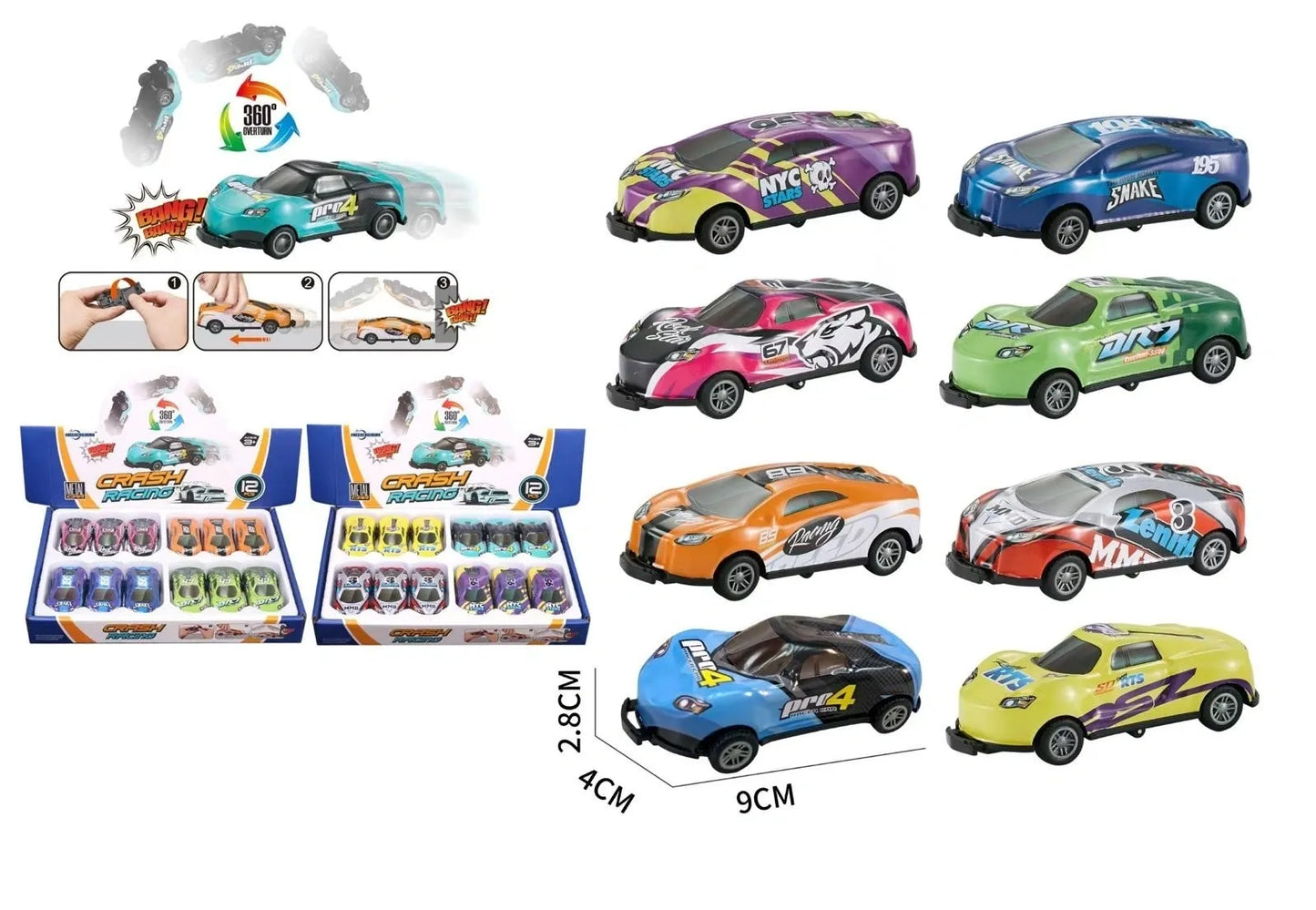 Metal Car Crash Racing Pull Back Box Of 12 Cars