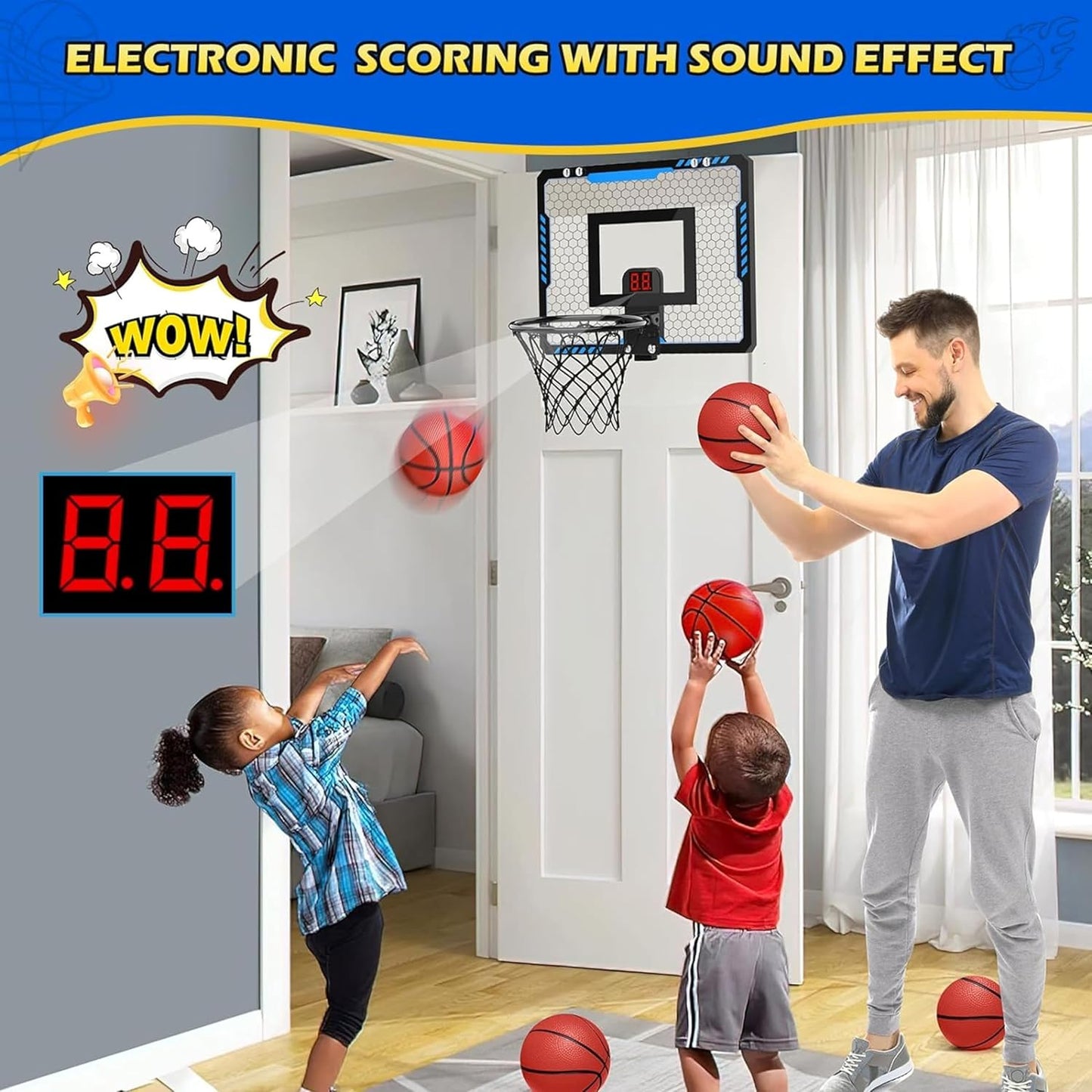 Basketball Indoor Mini Hoop Electric Scoreboard & Ball with Pump