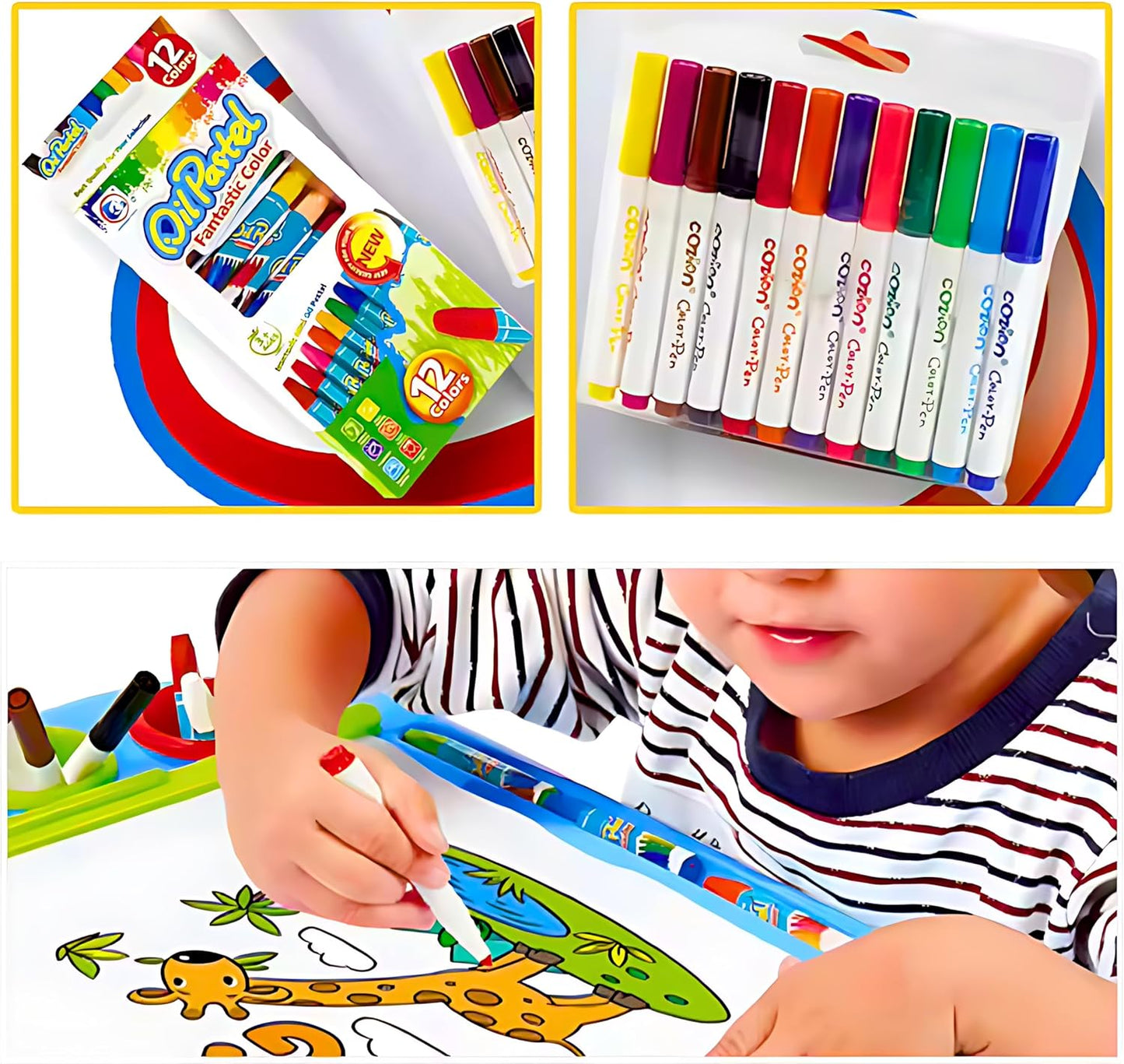 Kids Magnetic Drawing Board & Learning Table Set - Educational Art Desk with 12 Washable Markers, 12 Crayons & 23ft Paper Roll