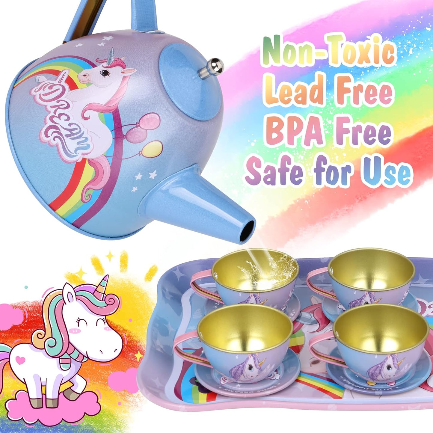 Unicorn Rainbow Style Complete Metal Tea Set 15 Pieces