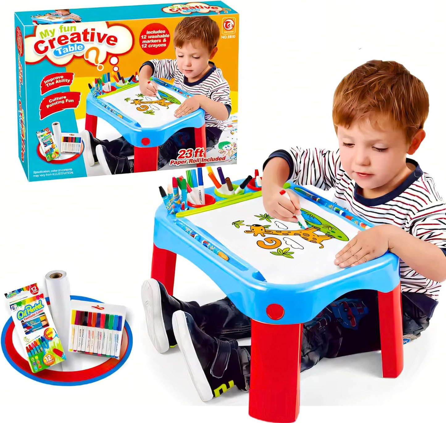 Kids Magnetic Drawing Board & Learning Table Set - Educational Art Desk with 12 Washable Markers, 12 Crayons & 23ft Paper Roll
